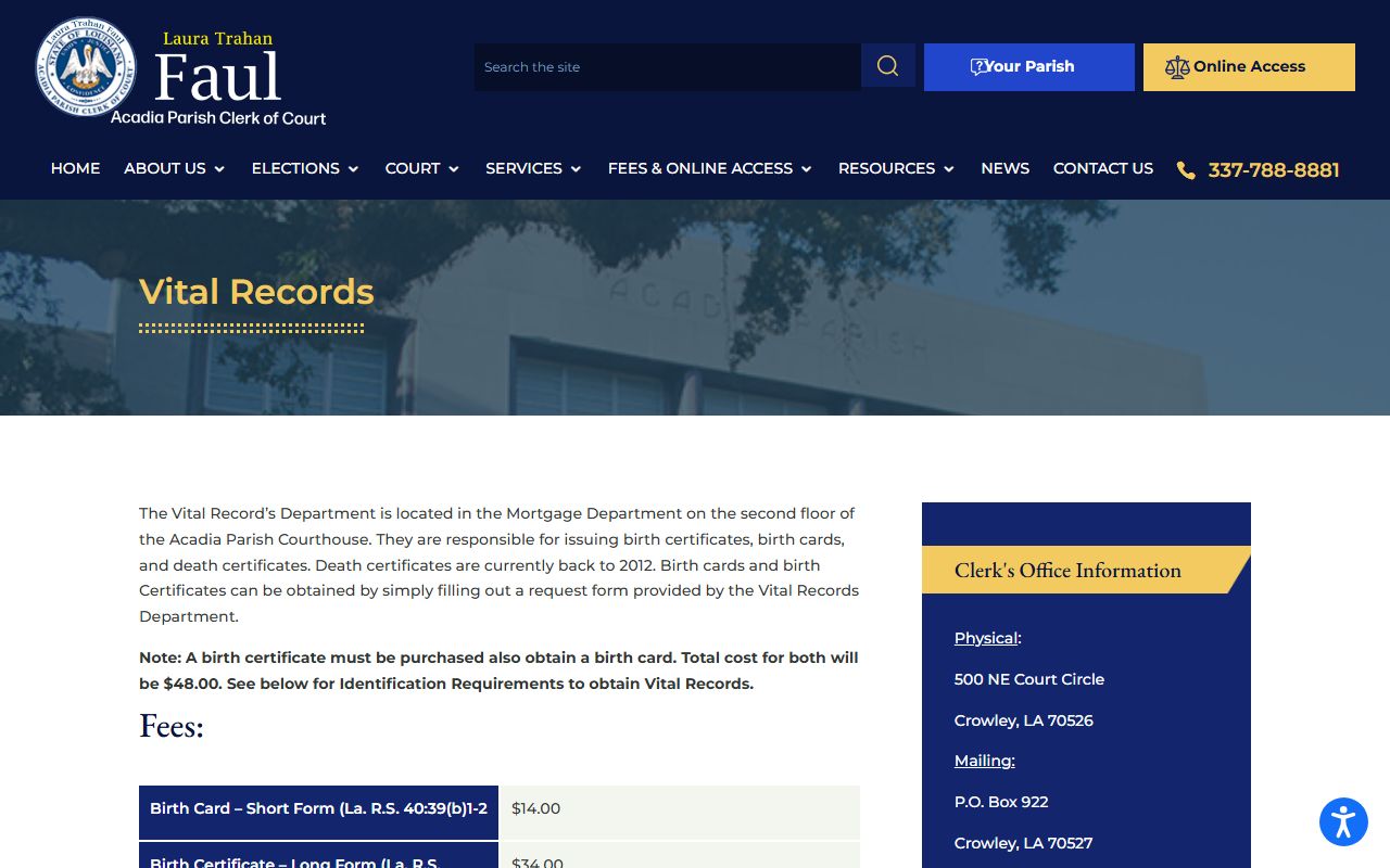Acadia Parish vital records page showing birth records ordering process