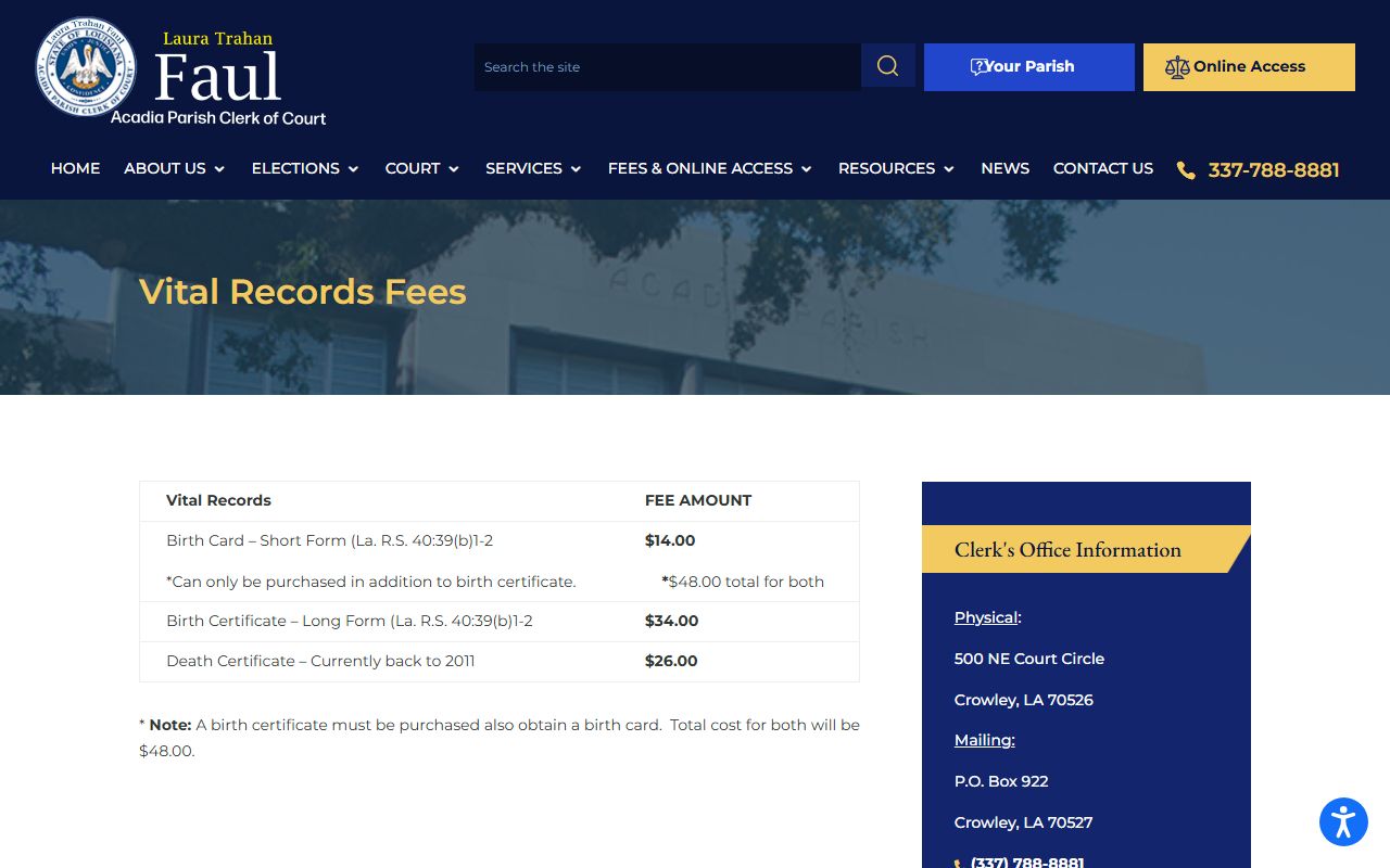 Acadia Parish birth records fee schedule showing birth certificate costs