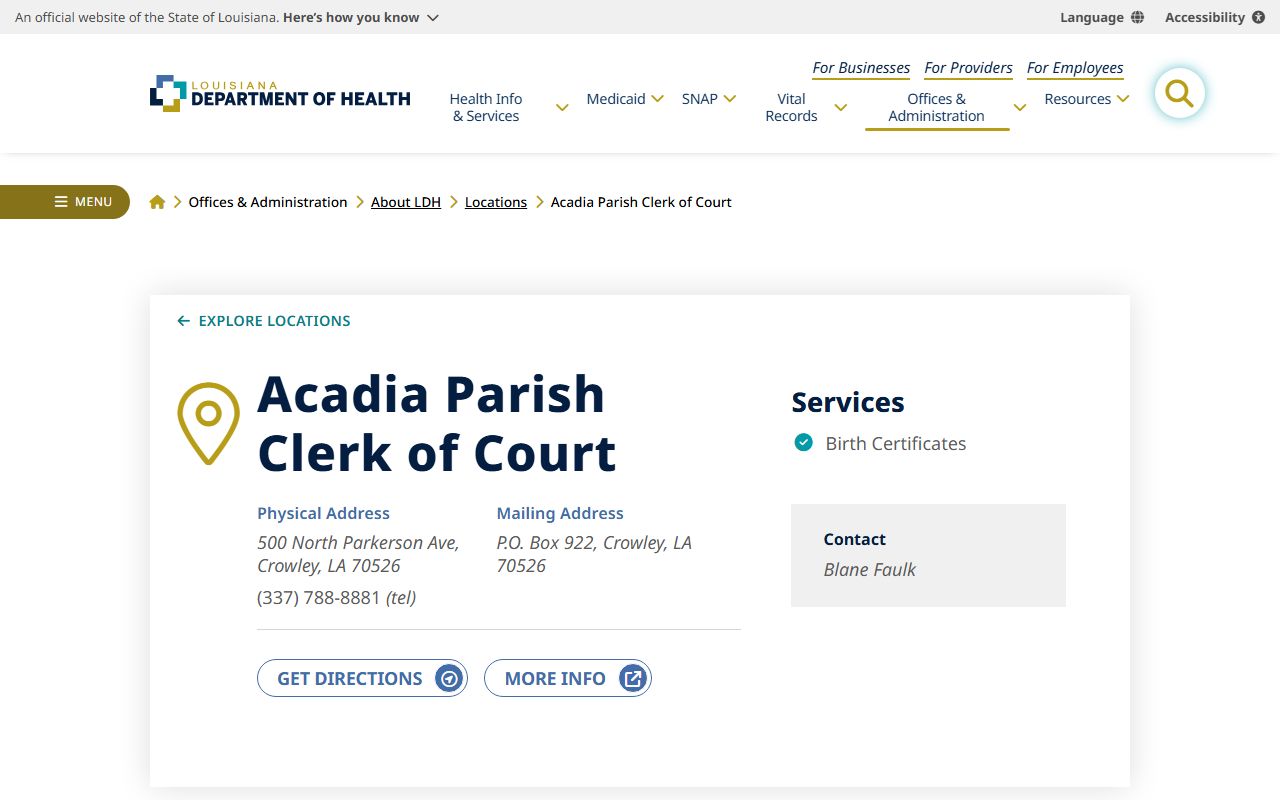 Louisiana Department of Health directory listing for Acadia Parish birth records