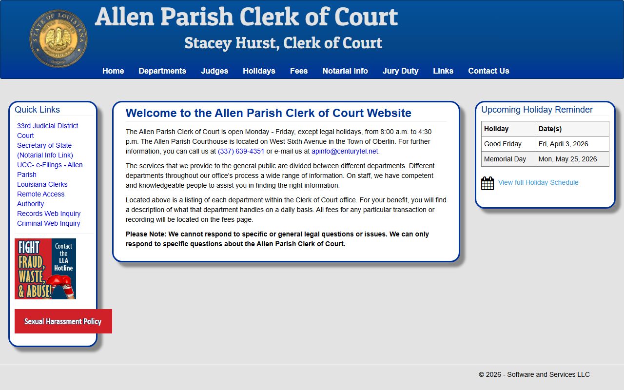 Allen Parish Clerk of Court website showing birth records services