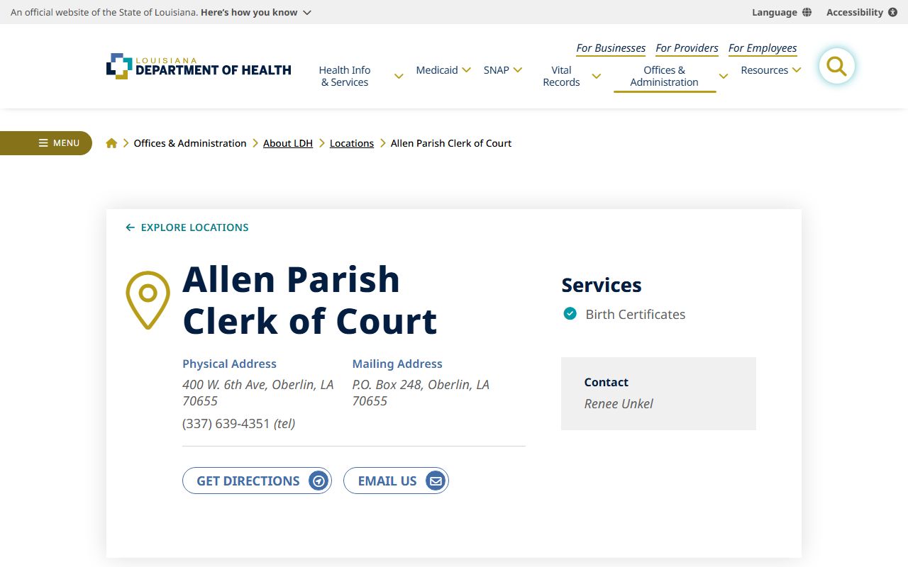 Louisiana Department of Health directory listing for Allen Parish birth records