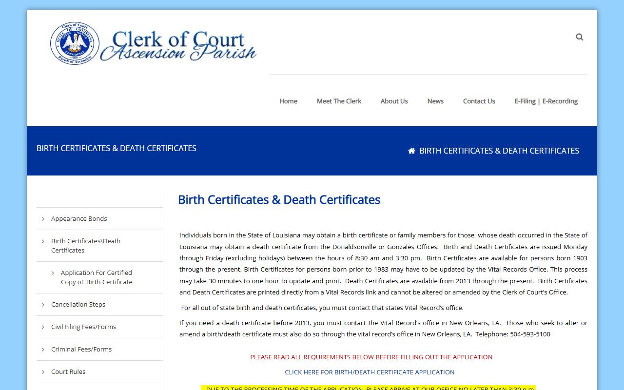 Ascension Parish birth and death certificates page with ordering instructions