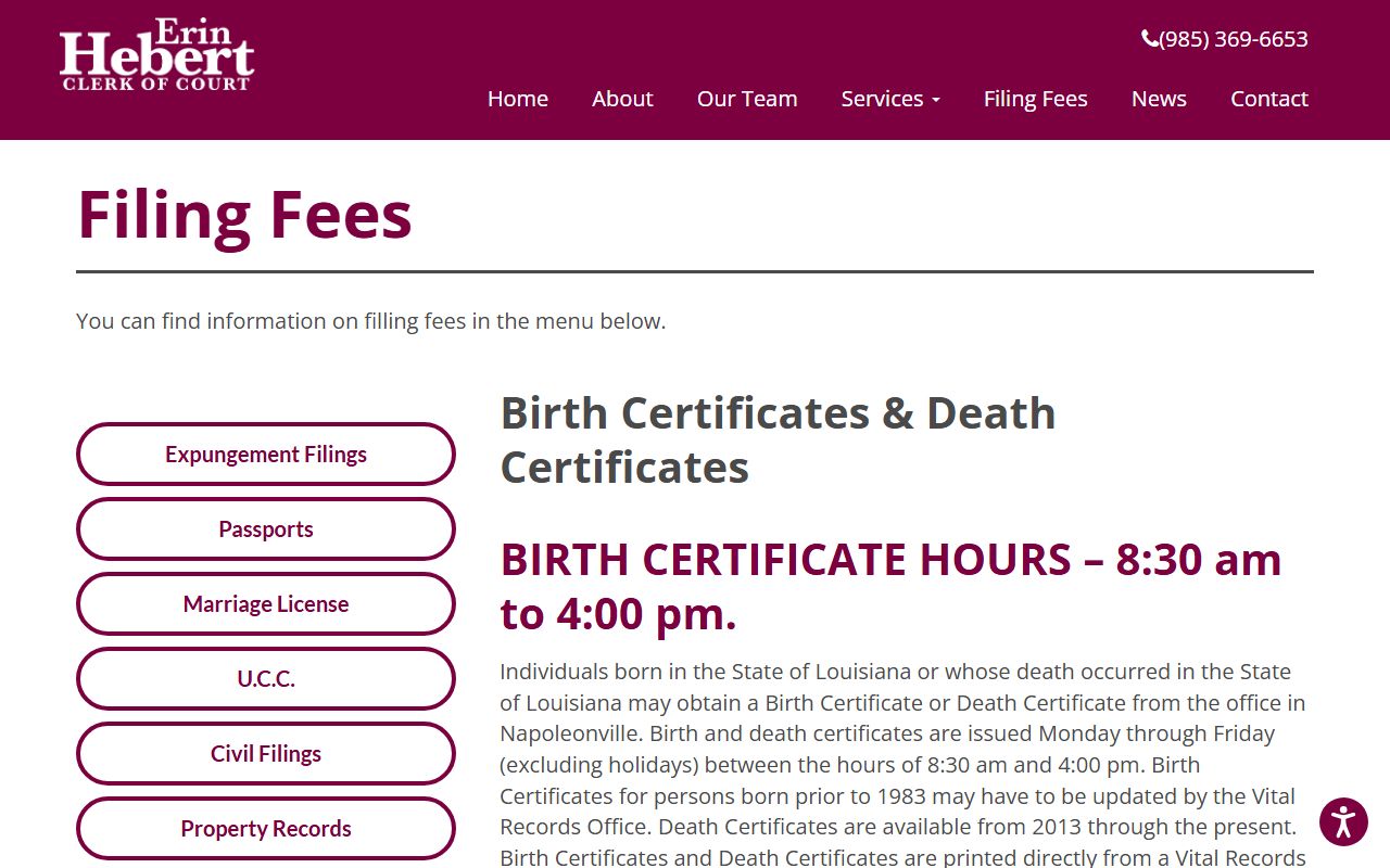Assumption Parish vital records fee page showing birth certificate costs and ordering details