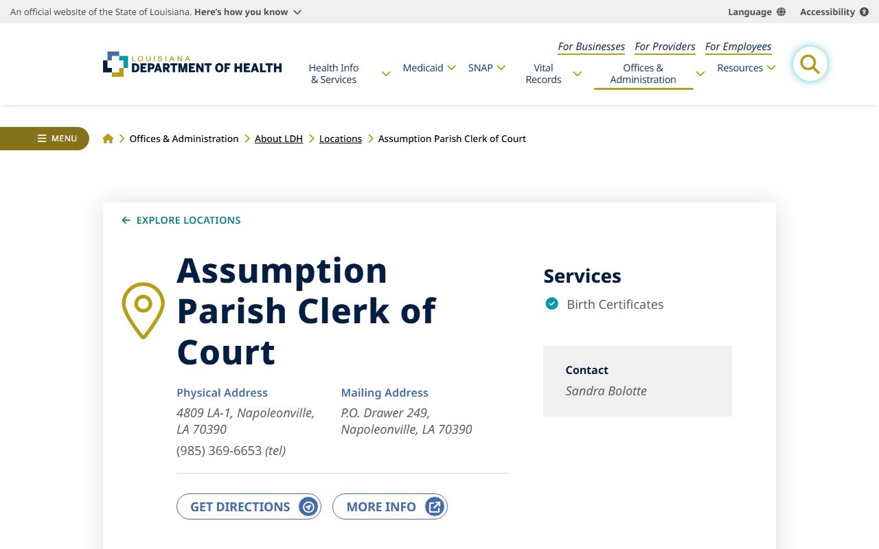 Louisiana Department of Health directory listing for Assumption Parish birth records