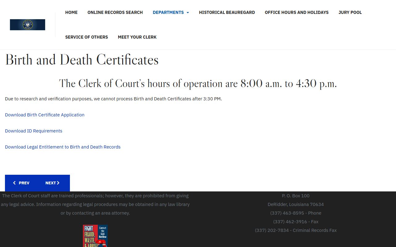 Beauregard Parish Clerk birth and death certificates page showing procedures and fees