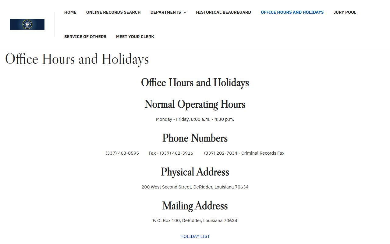 Beauregard Parish Clerk office hours and holidays schedule