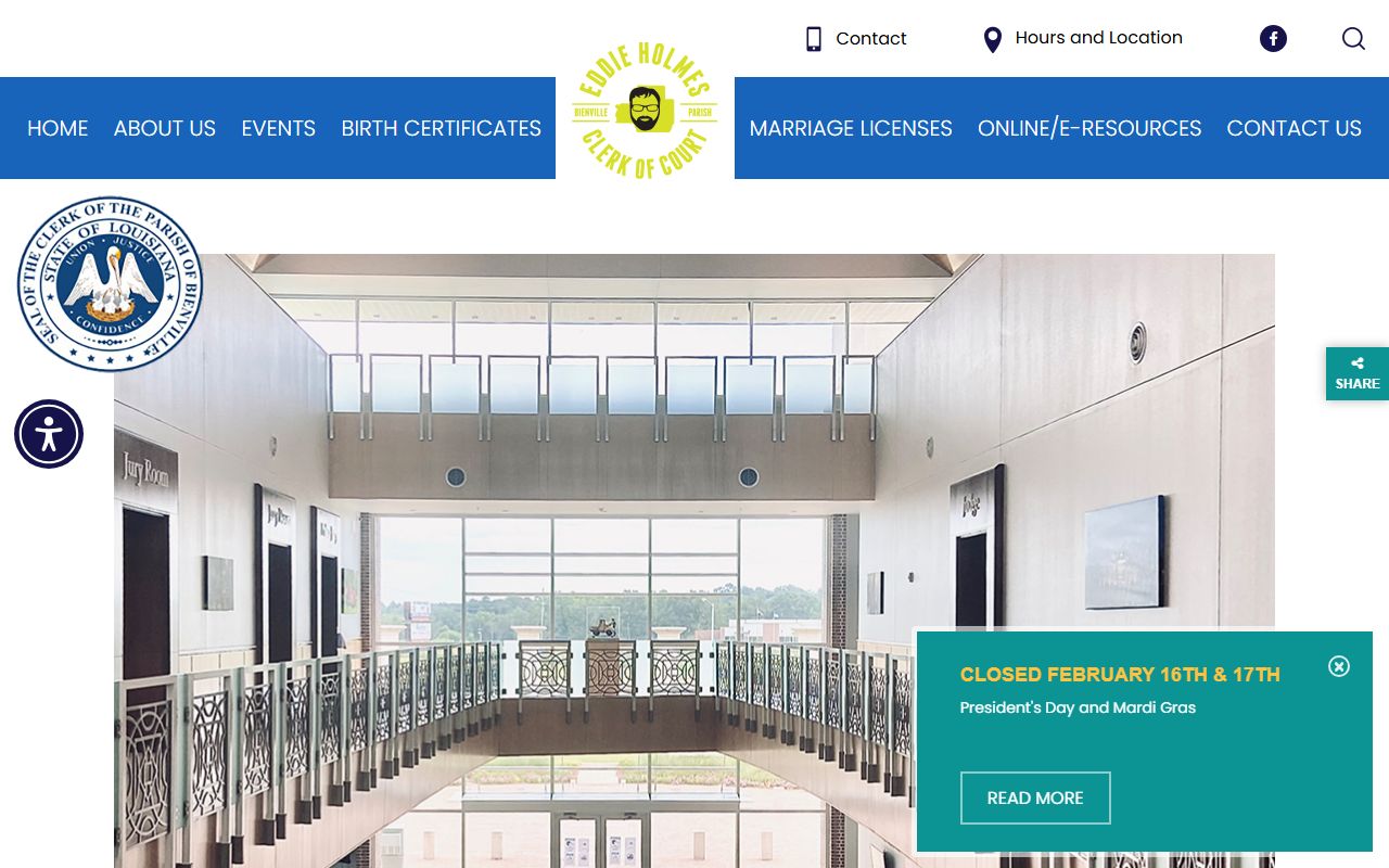 Bienville Parish Clerk of Court website showing birth records services and office details