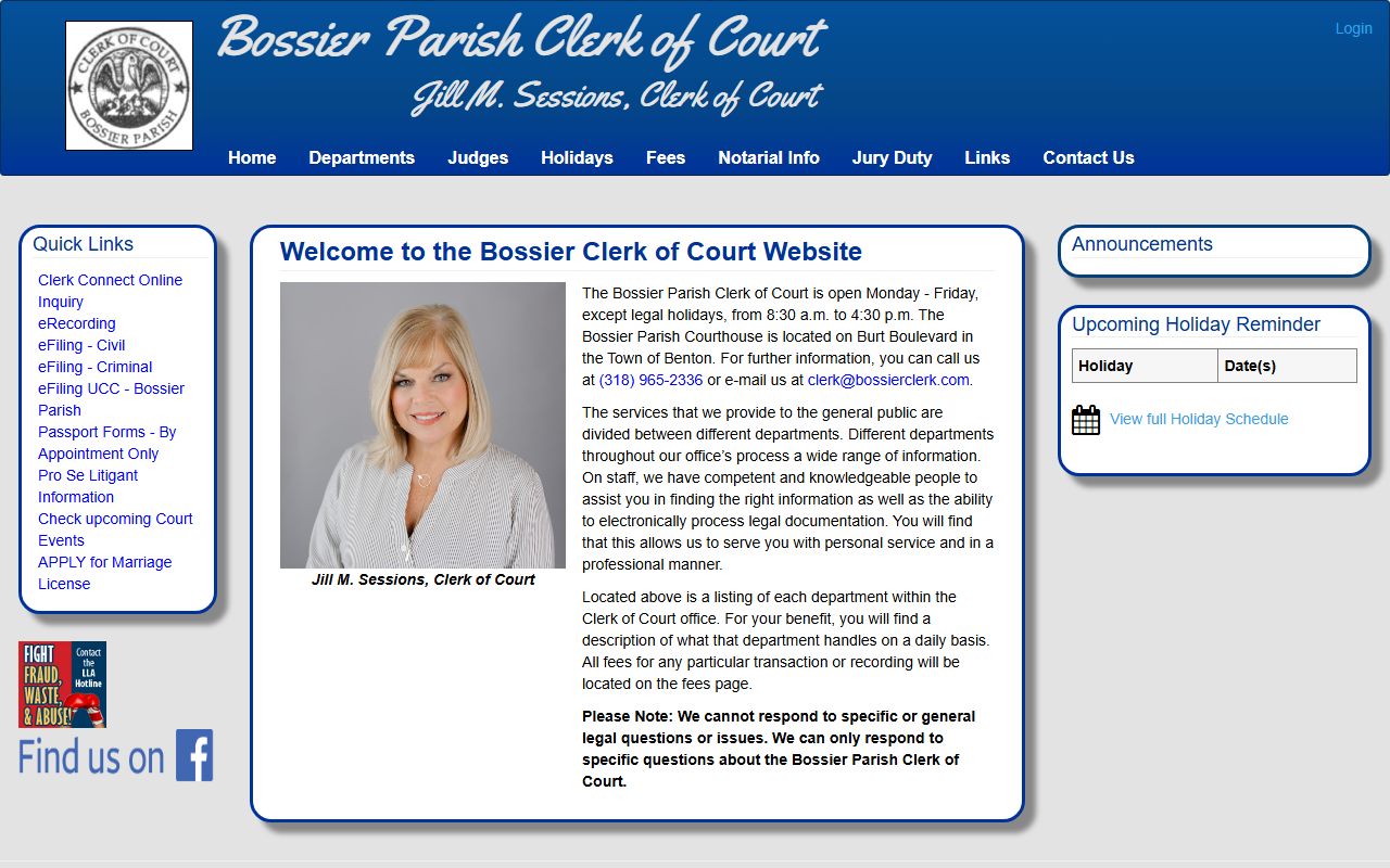 Bossier Parish Clerk of Court website showing birth records and public records services