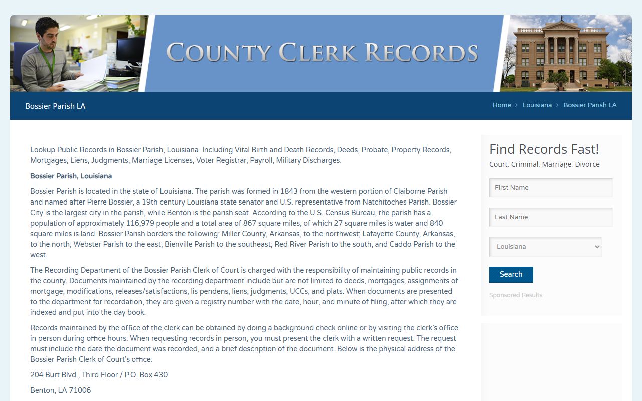 Bossier Parish public records reference directory showing birth records access information