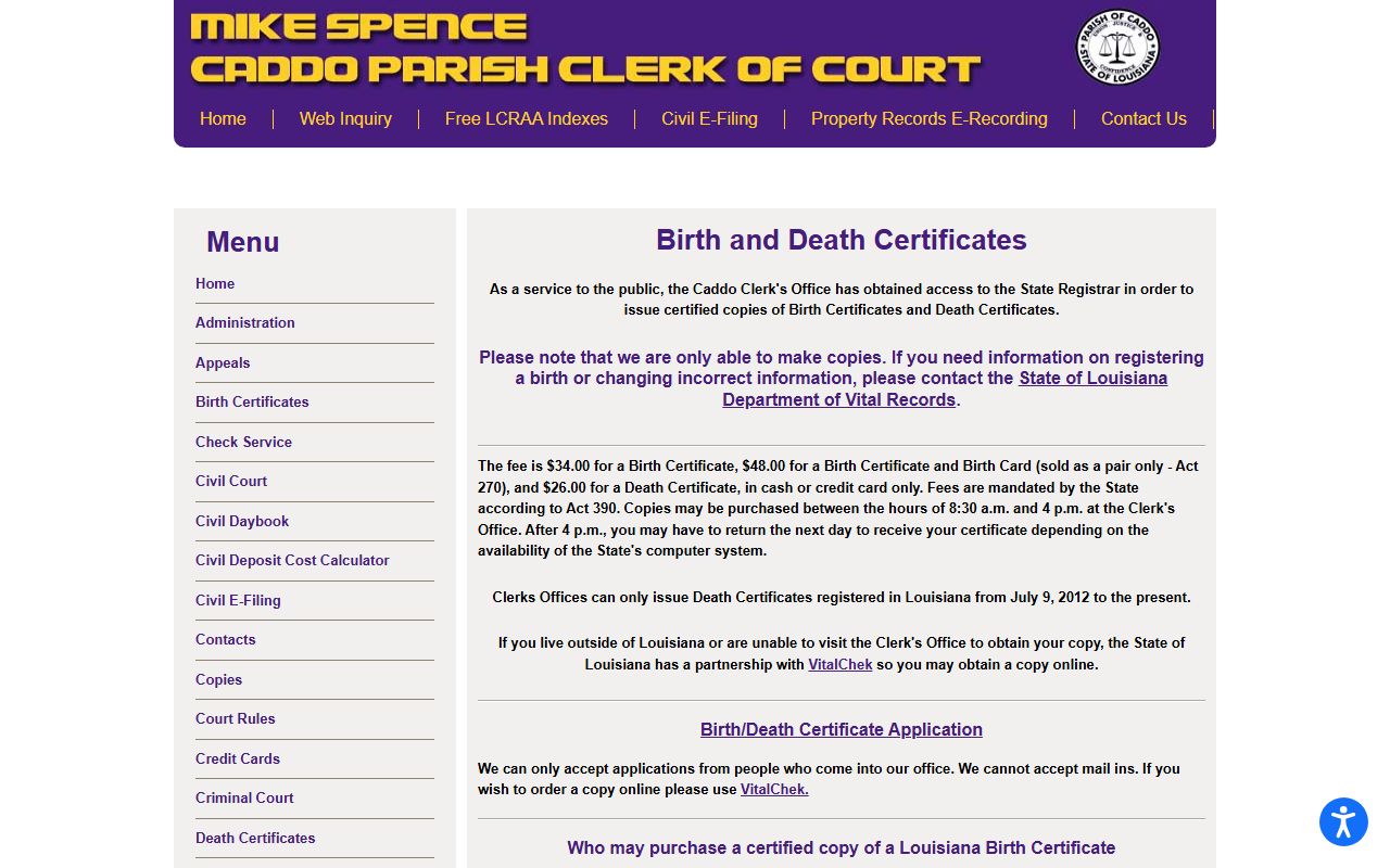 Caddo Parish Clerk of Court birth records page showing certificate request instructions for Caddo Parish birth records