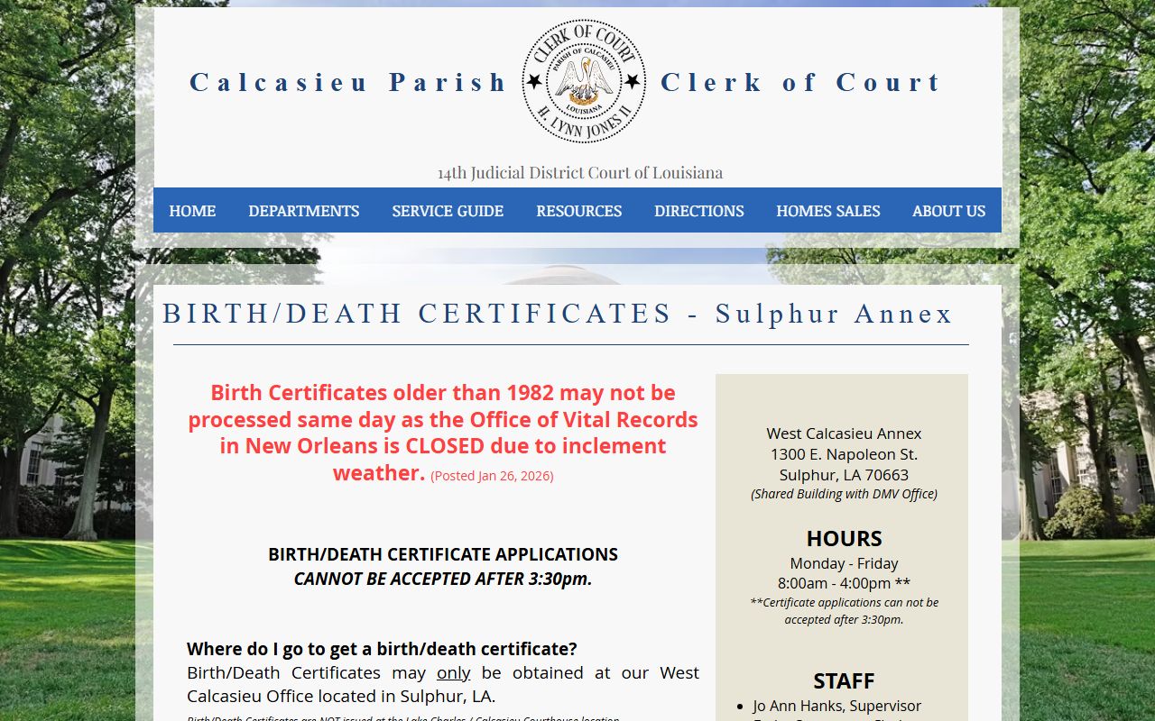 Calcasieu Parish Clerk of Court birth and death certificate information page for Calcasieu Parish birth records