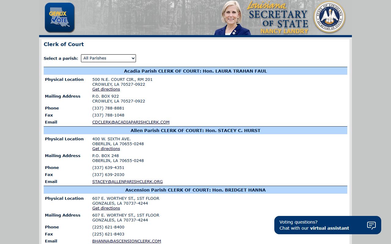 Louisiana statewide voter portal showing Caldwell Parish clerk of court contact information for birth records requests