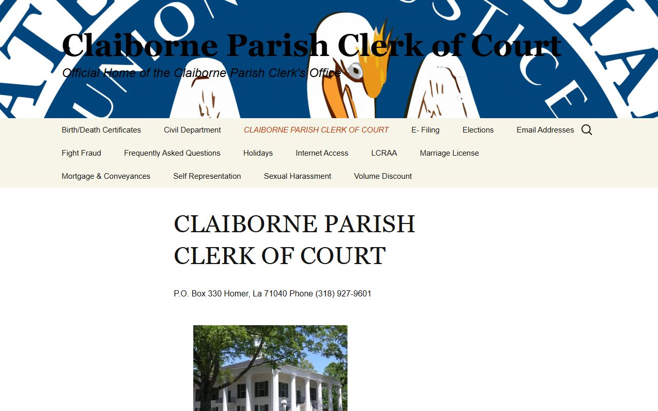 Claiborne Parish Clerk of Court website showing office information and services for Claiborne Parish birth records