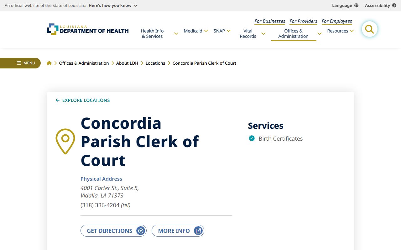 Louisiana Department of Health vital records detail page for Concordia Parish birth records office in Vidalia