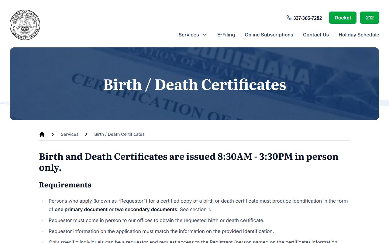 iberia parish birth records clerk of court website birth and death certificates page