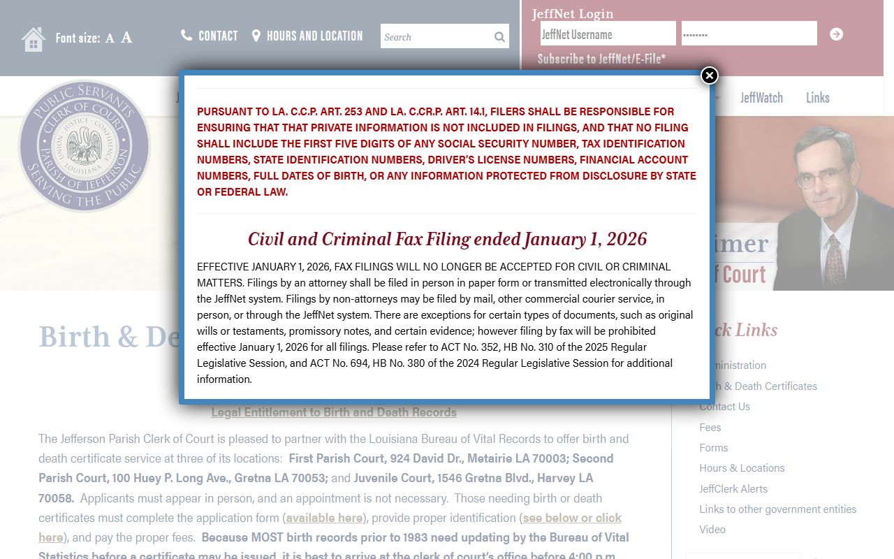 jefferson parish birth records clerk of court birth and death certificates page