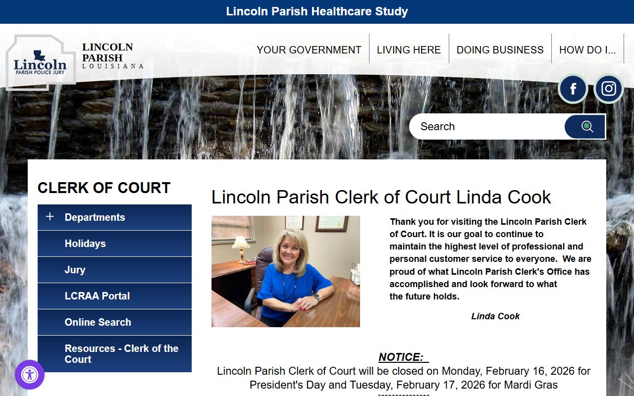 Lincoln Parish Clerk of Court website showing birth records services in Lincoln Parish