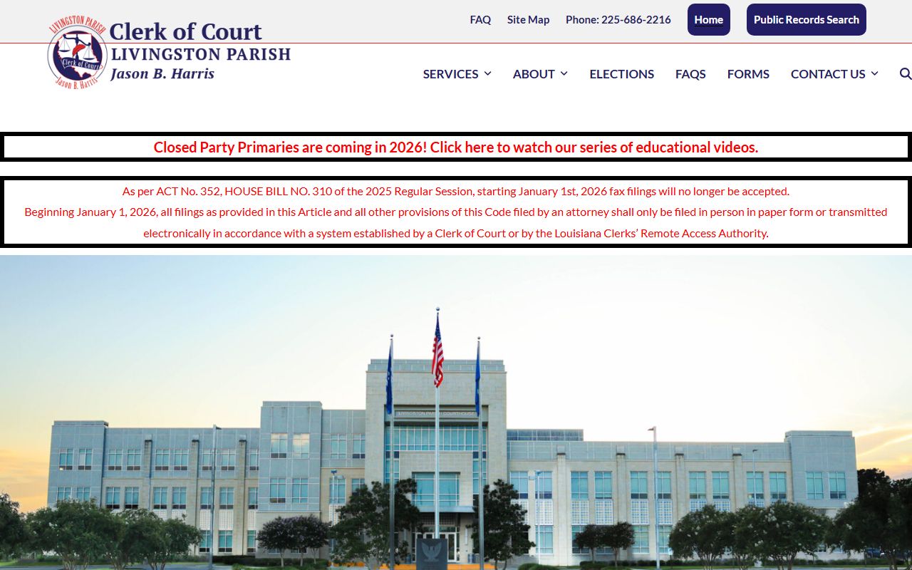Livingston Parish Clerk of Court website showing birth records services