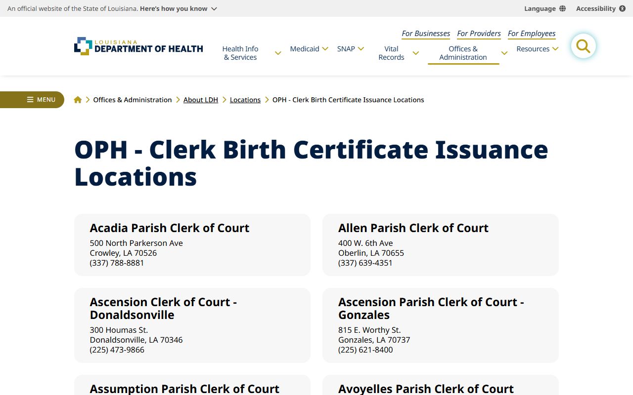 Louisiana Department of Health directory listing for Morehouse Parish birth records