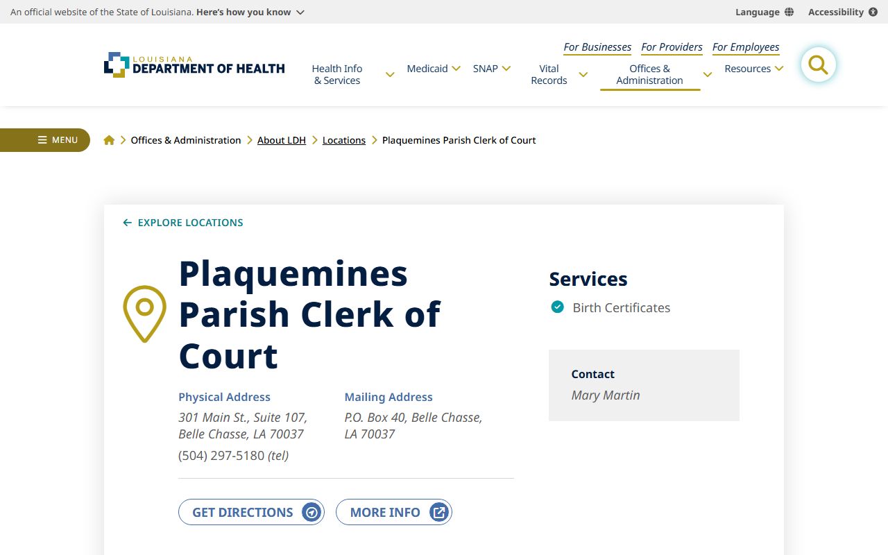 Louisiana Department of Health directory entry for Ouachita Parish birth records