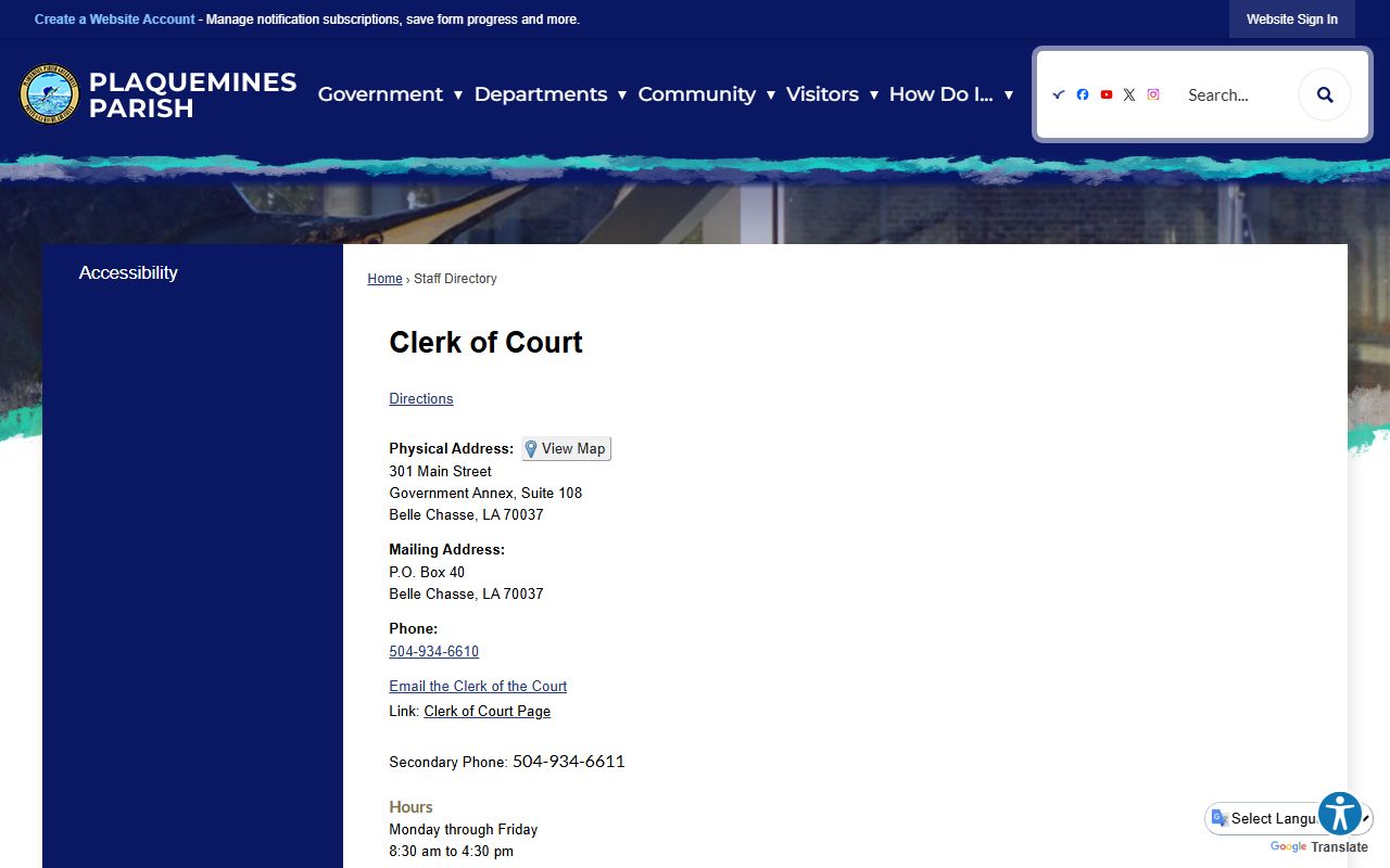 Plaquemines Parish clerk directory page showing birth records services