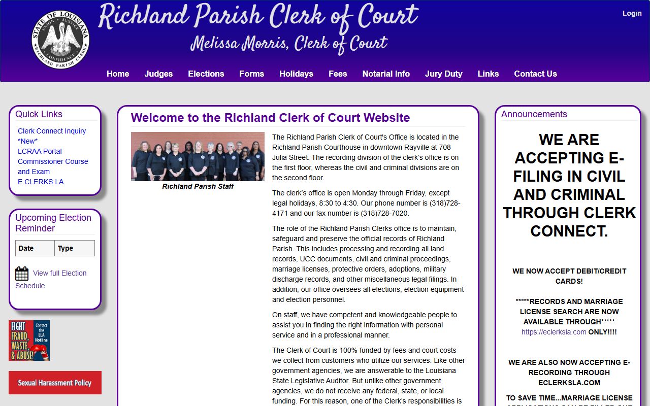 Richland Parish Clerk of Court website showing birth records services