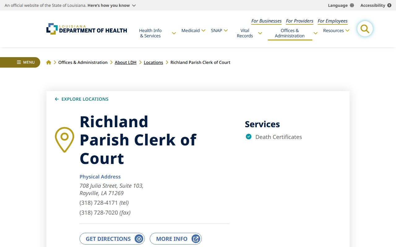Louisiana Department of Health directory entry for Richland Parish birth records office