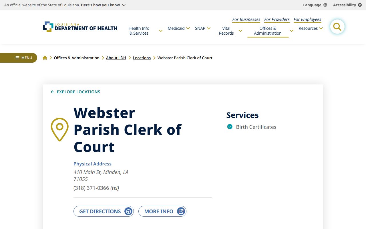 Louisiana Department of Health directory listing for Sabine Parish birth records