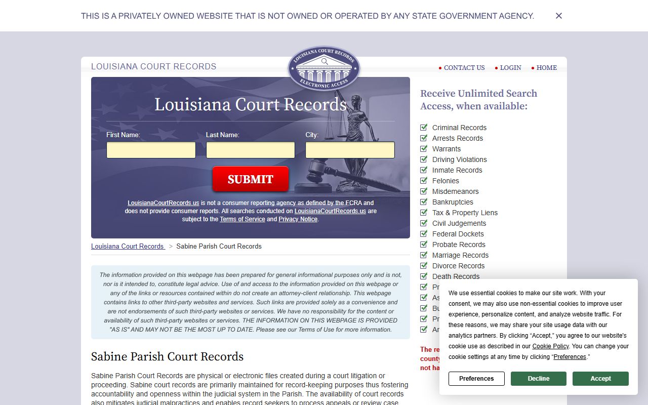 Louisiana court records overview page for Sabine Parish birth records and vital records
