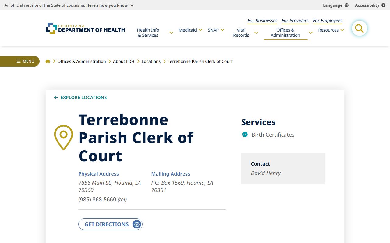 Louisiana Department of Health directory entry for Terrebonne Parish birth records office