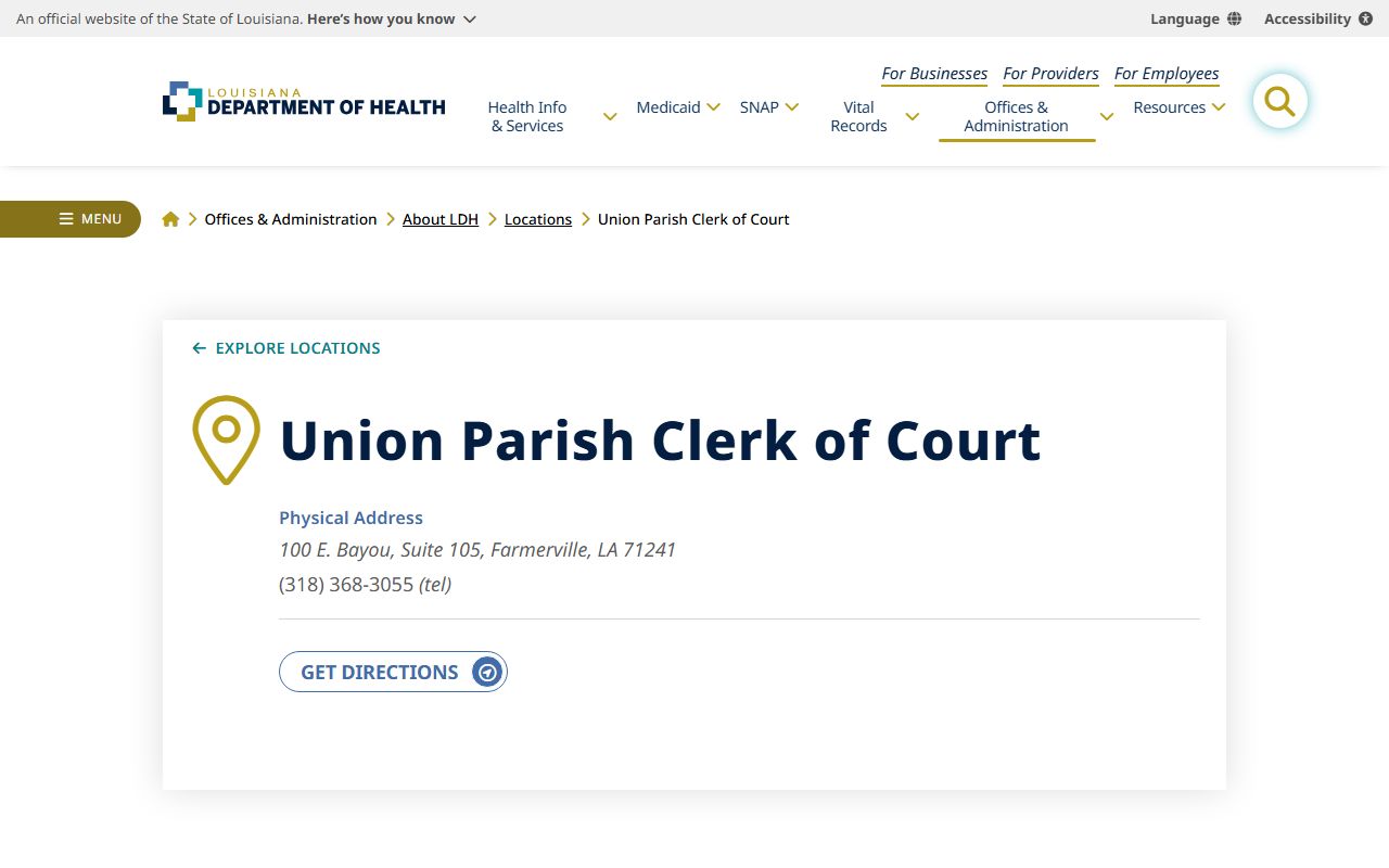 Louisiana Department of Health directory entry for Union Parish birth records Clerk of Court