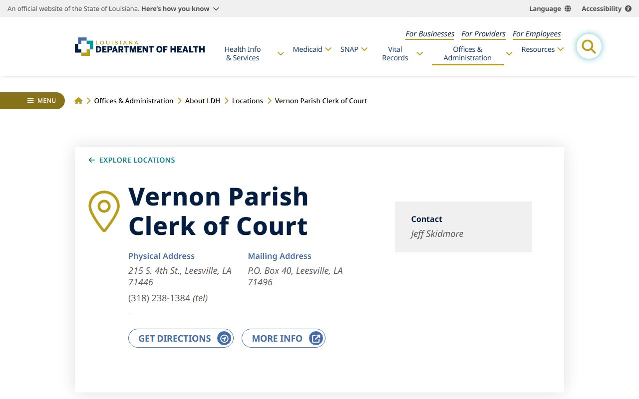Louisiana Department of Health directory listing for Vernon Parish birth records