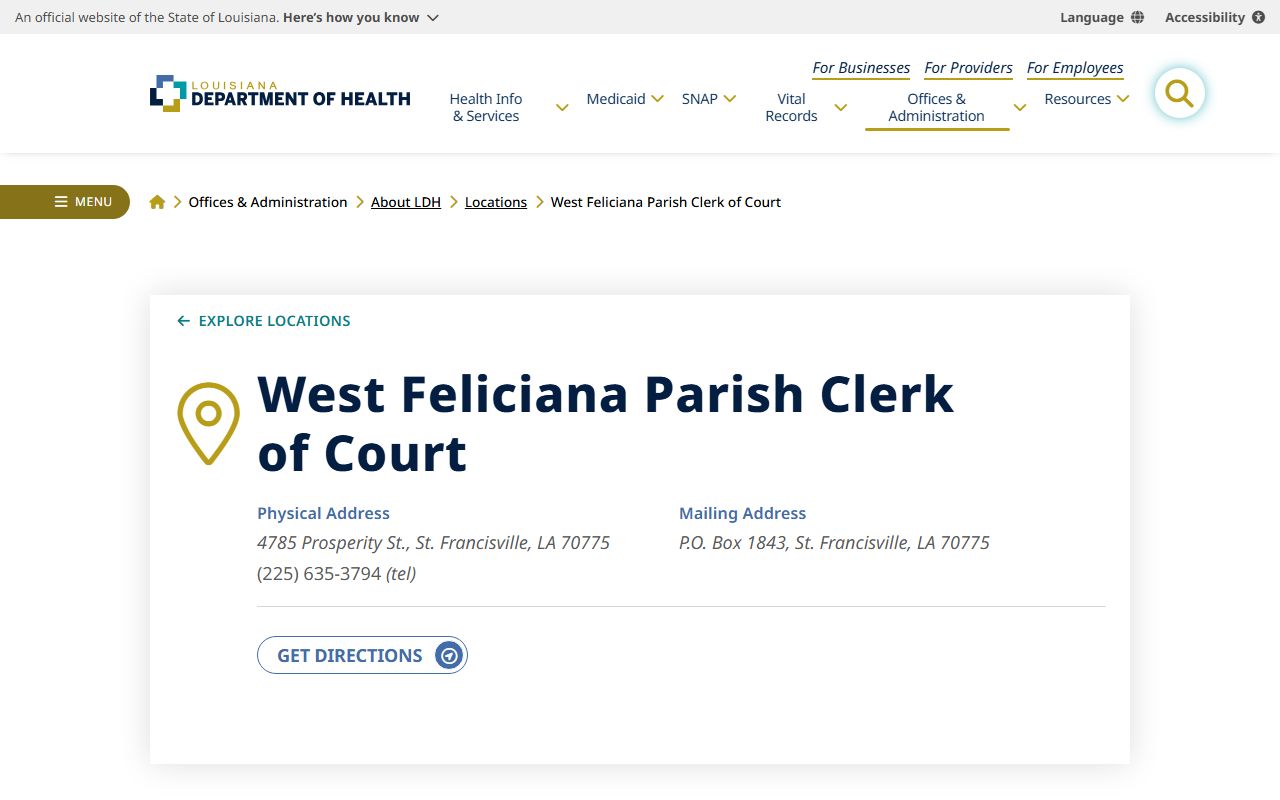 West Feliciana Parish Clerk of Court website for birth records in St. Francisville Louisiana