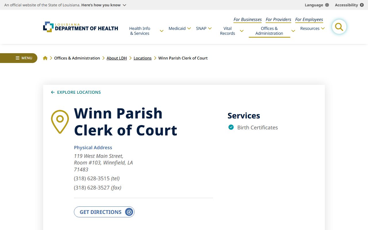 Louisiana Department of Health directory listing for Winn Parish birth records in Winnfield