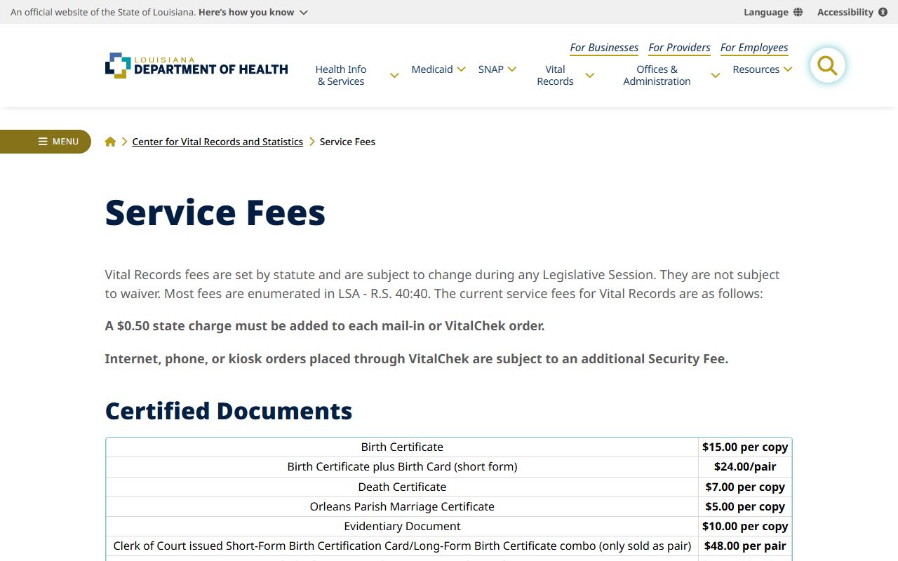 Louisiana Vital Records service fee schedule for birth certificates and birth cards