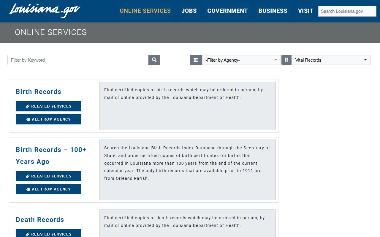 Louisiana government online services portal for vital records and birth certificate requests